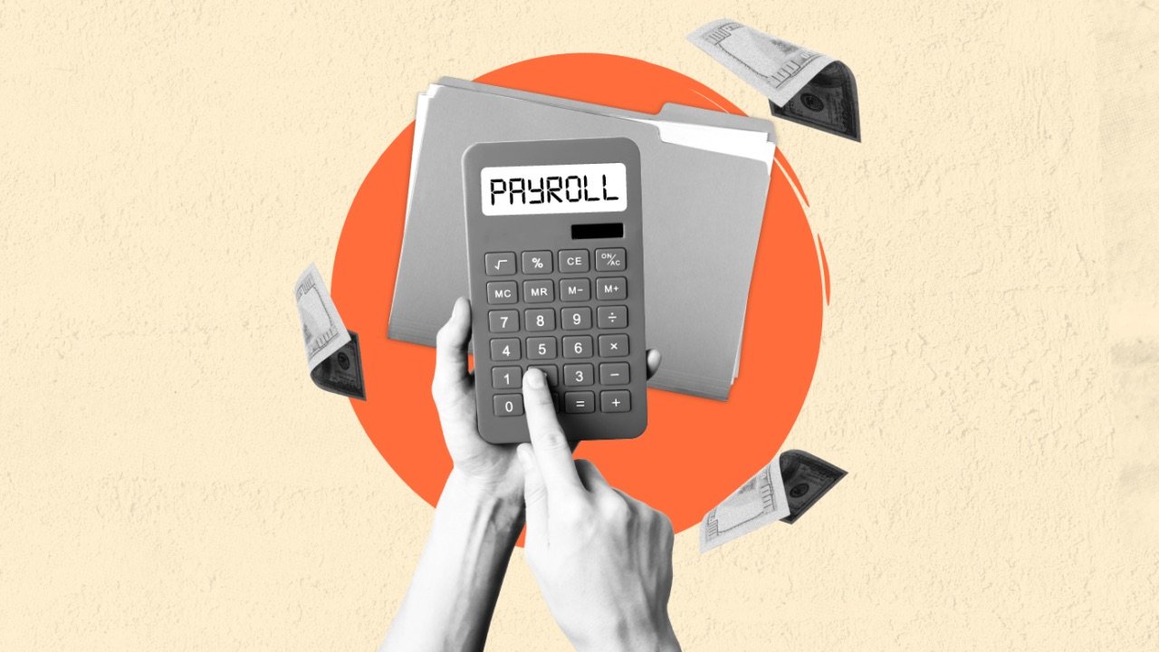 Hands using a calculator that reads PAYROLL, in front of a folder of records