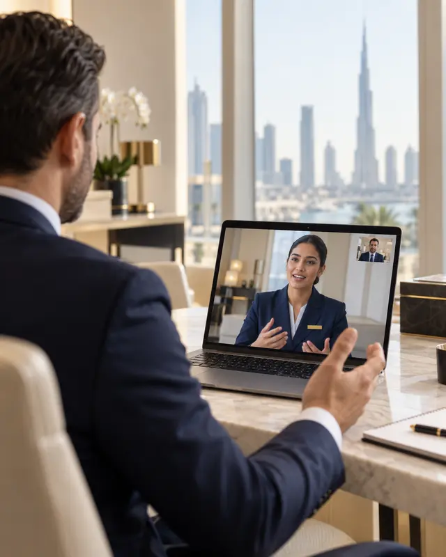 Illustration of an employer conducting an online hospitality job interview
