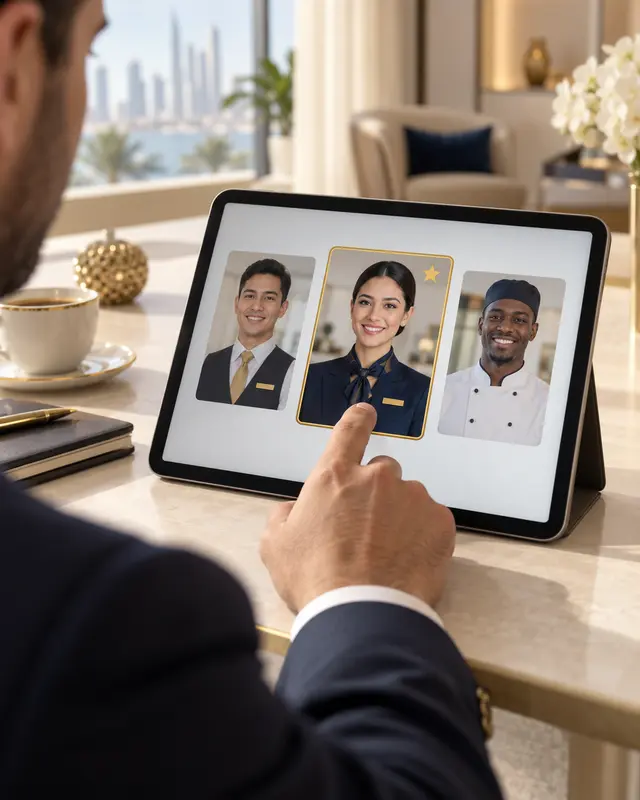 Illustration of an employer selecting a candidate profile highlighted in gold