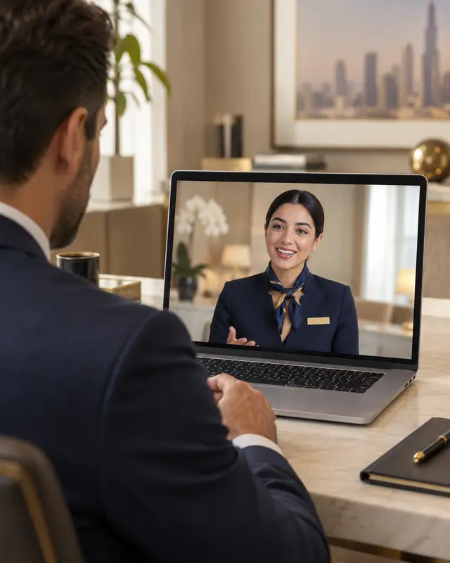 Illustration of an employer watching a hospitality candidate introduction on a laptop